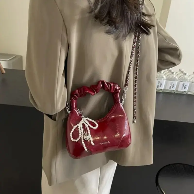Hot Y2K New Underarm Bags for Women Pleated Handle Design Ladies Pearl Bow Handbag Adjustable Strap Shoulder Crossbody Bag