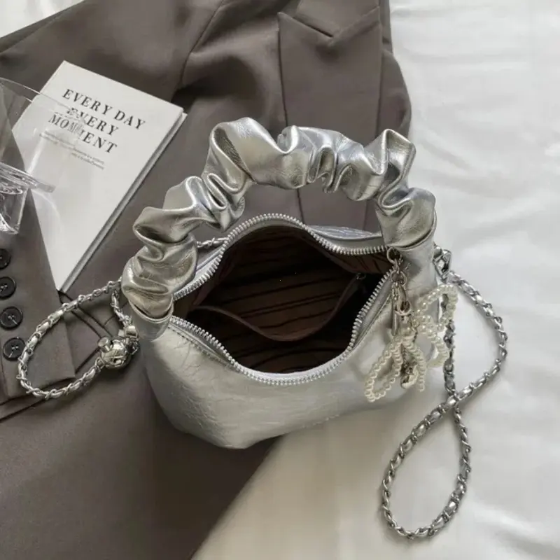 Hot Y2K New Underarm Bags for Women Pleated Handle Design Ladies Pearl Bow Handbag Adjustable Strap Shoulder Crossbody Bag