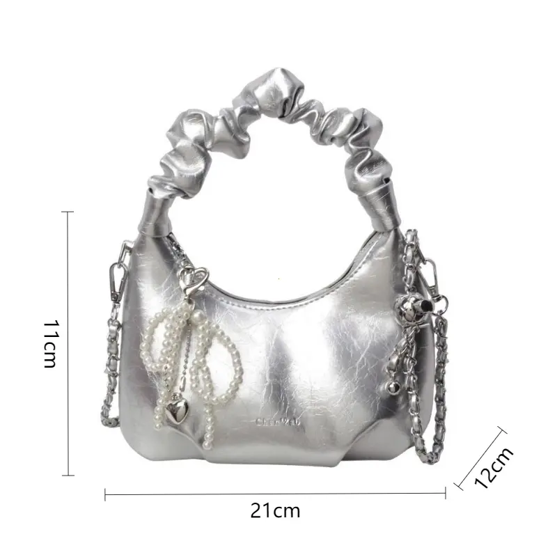 Hot Y2K New Underarm Bags for Women Pleated Handle Design Ladies Pearl Bow Handbag Adjustable Strap Shoulder Crossbody Bag
