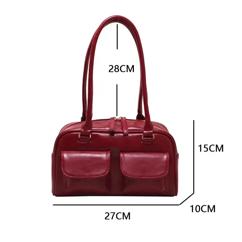 Retro Red Women's Satchel Hobo Bag Patent Leather Multi Pocket Luxury Designer Handbag Female Shoulder Underarm Bag Tote Purses