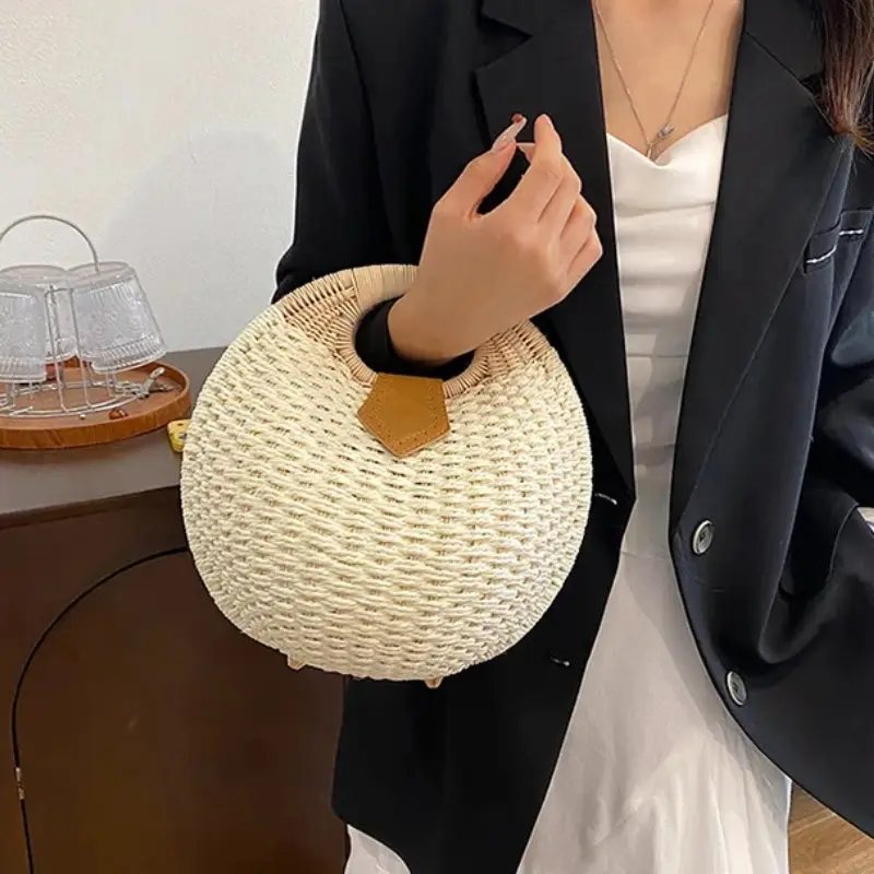 Casual Straw Woven Spherical Top-Handle Bags Retro Personality Fashion Popularity High Quality Handbag for Women 2025 Summer New