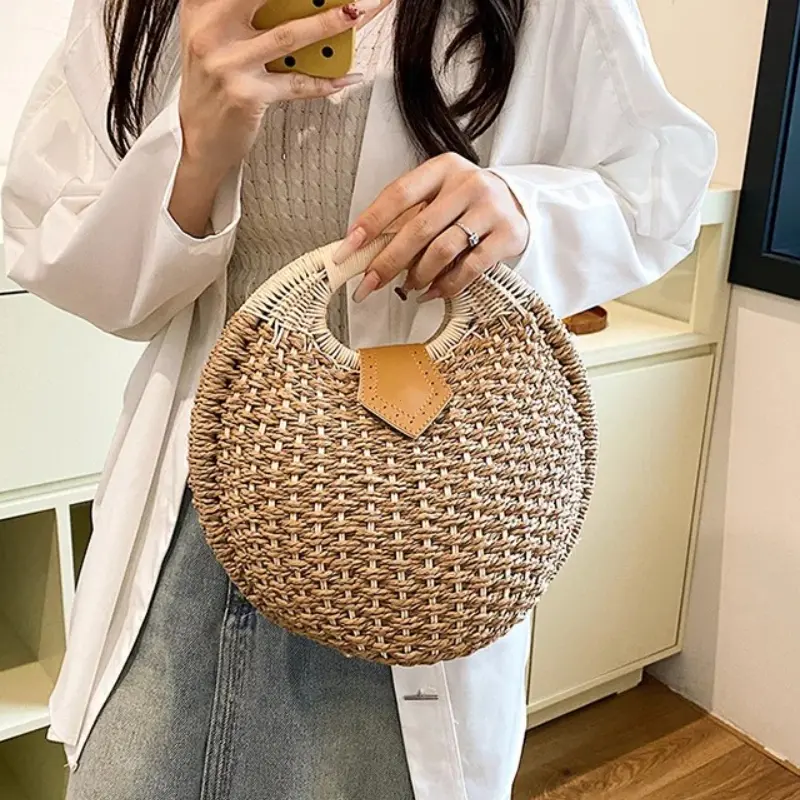 Casual Straw Woven Spherical Top-Handle Bags Retro Personality Fashion Popularity High Quality Handbag for Women 2025 Summer New