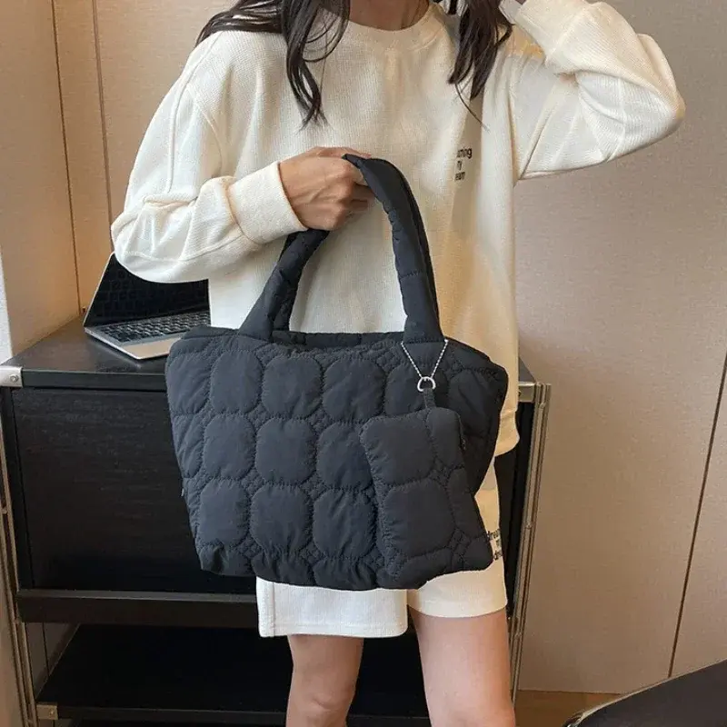 Fashion Quilted Embroidery Thread Handbag Lightweight Puffy Top-Handle Bag Large Capacity Ladies Small Totes Bag with Mini Purse
