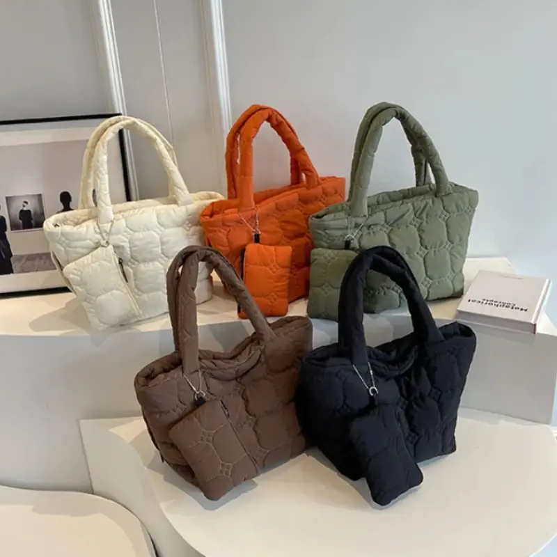 Fashion Quilted Embroidery Thread Handbag Lightweight Puffy Top-Handle Bag Large Capacity Ladies Small Totes Bag with Mini Purse