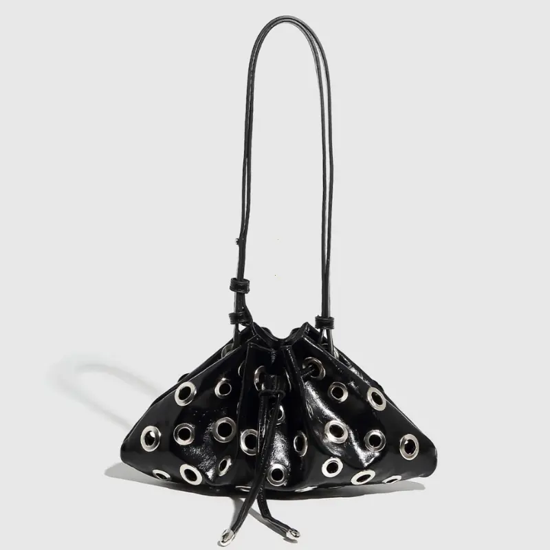 Women Metal Stud Y2k Shoulder Bag Large Capacity Retro Hollow Handbag Drawstring Crossbody Bag Shopping Vacation Handbag