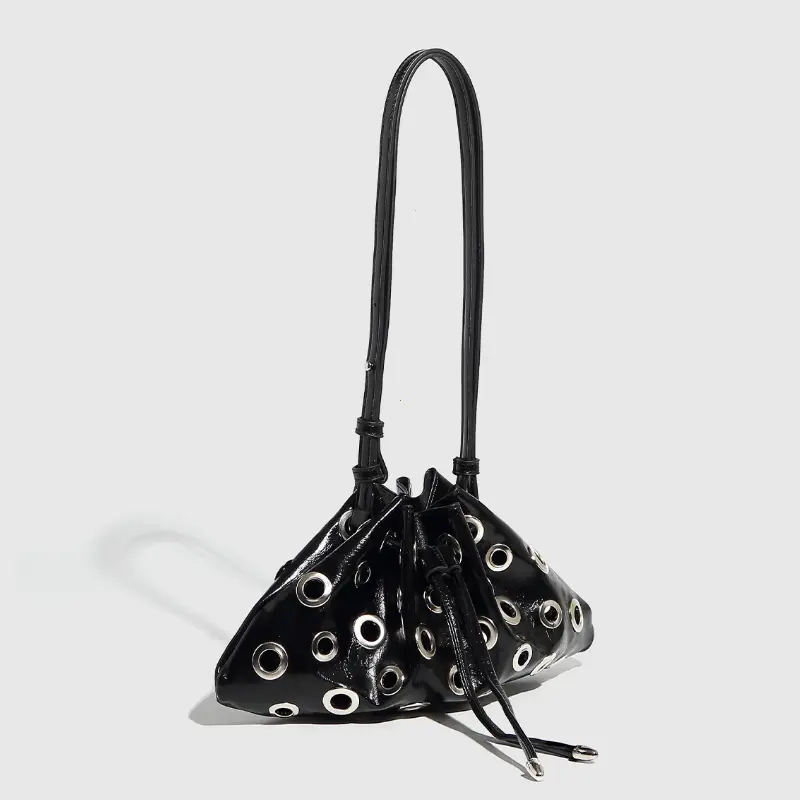 Women Metal Stud Y2k Shoulder Bag Large Capacity Retro Hollow Handbag Drawstring Crossbody Bag Shopping Vacation Handbag
