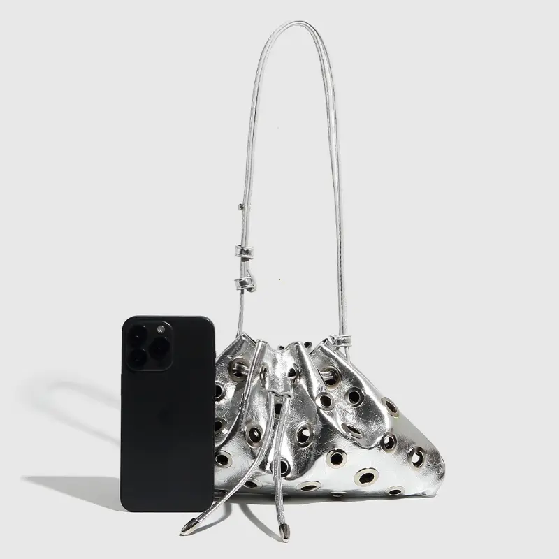 Women Metal Stud Y2k Shoulder Bag Large Capacity Retro Hollow Handbag Drawstring Crossbody Bag Shopping Vacation Handbag