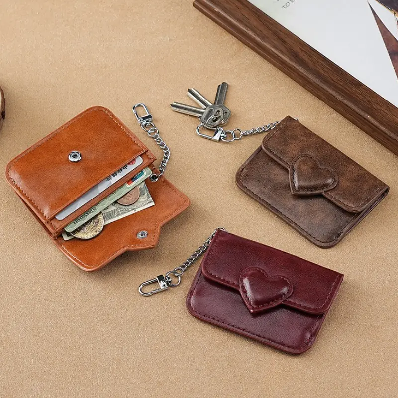 Mini Coin Purse Keychain Wallet Fashion PU Heart Buckle Multi-card Slots Card Holder Pouch Key Storage Bag for Women and Men