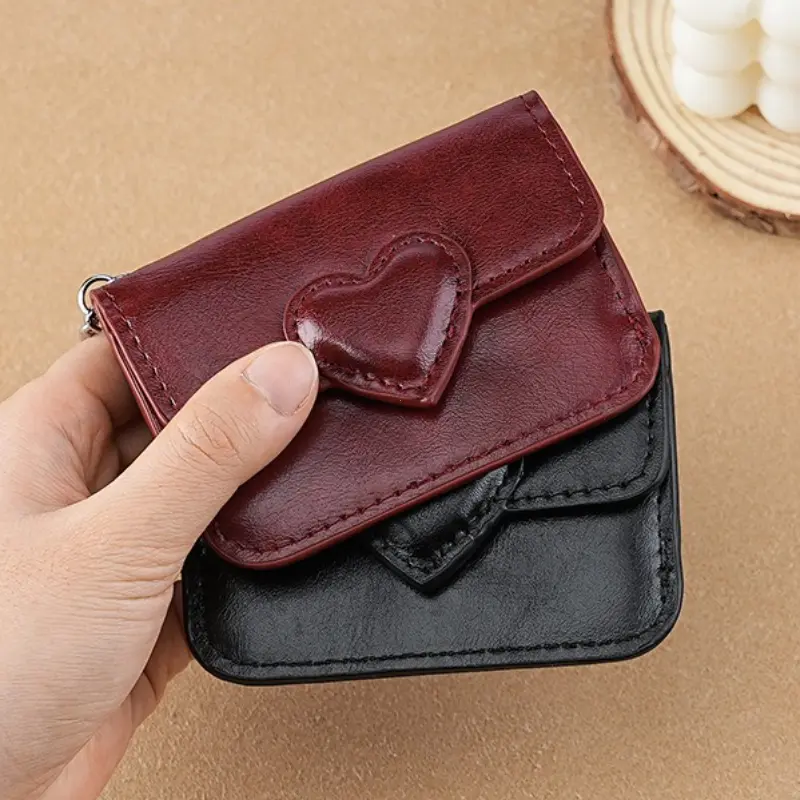 Mini Coin Purse Keychain Wallet Fashion PU Heart Buckle Multi-card Slots Card Holder Pouch Key Storage Bag for Women and Men