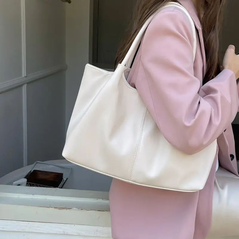 Simple White Shoulder Bag 2025 Women's PU Leather Soft Underarm Tote Bag School Large Capacity Bag Full Student Shopping Handbag