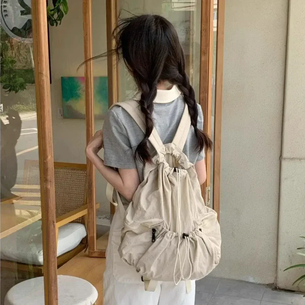Fashion Ruched Drawsting Backpacks for Women Casual Nylon Lady Backpack Light Weight Students Bag Large Capacity Travel Sac 2025