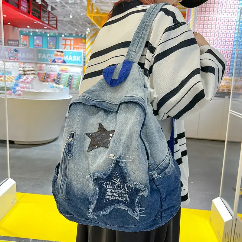 Y2K Korean Casual Denim Backpack Fashion Star Pattern Large Capacity Student Schoolbag Teenagers Vintage Punk Travel Book Bag