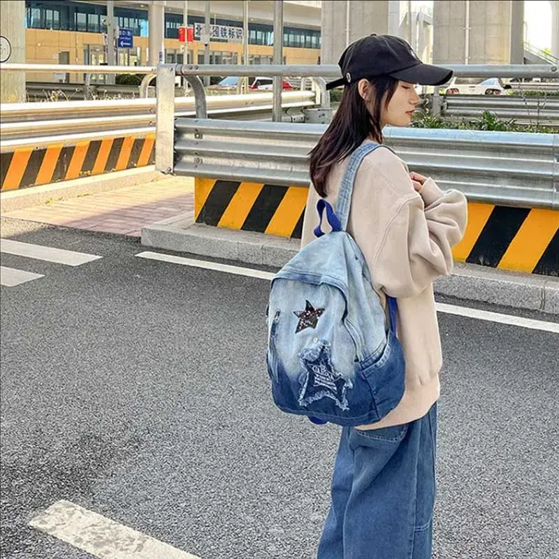 Y2K Korean Casual Denim Backpack Fashion Star Pattern Large Capacity Student Schoolbag Teenagers Vintage Punk Travel Book Bag