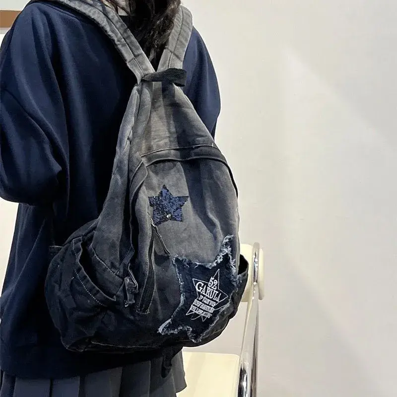 Y2K Korean Casual Denim Backpack Fashion Star Pattern Large Capacity Student Schoolbag Teenagers Vintage Punk Travel Book Bag
