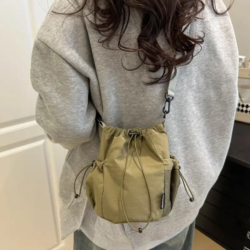 Lightweight Nylon Bucket Bag Women's Crossbody Bags Ins Drawstring Mobile Phone Bag Korean Single Shoulder Bag Casual Handbag