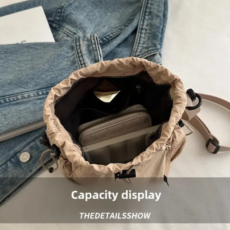 Lightweight Nylon Bucket Bag Women's Crossbody Bags Ins Drawstring Mobile Phone Bag Korean Single Shoulder Bag Casual Handbag
