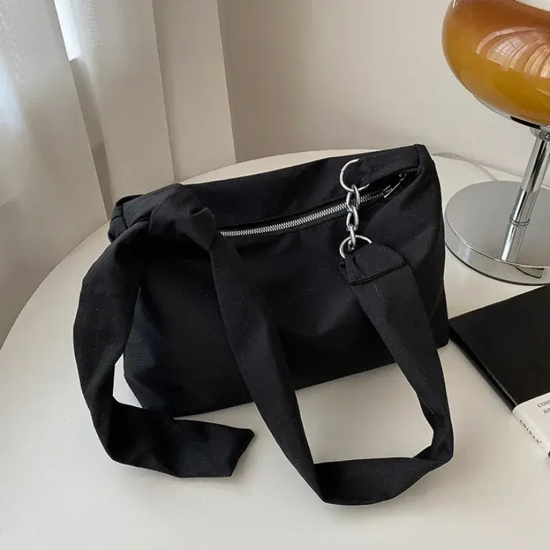 Black Crossbody for Women Girls Handbag Shopper Casual Solid Simple Chain Knotted Straps Messenger Shoulder Totes Bags Handbags