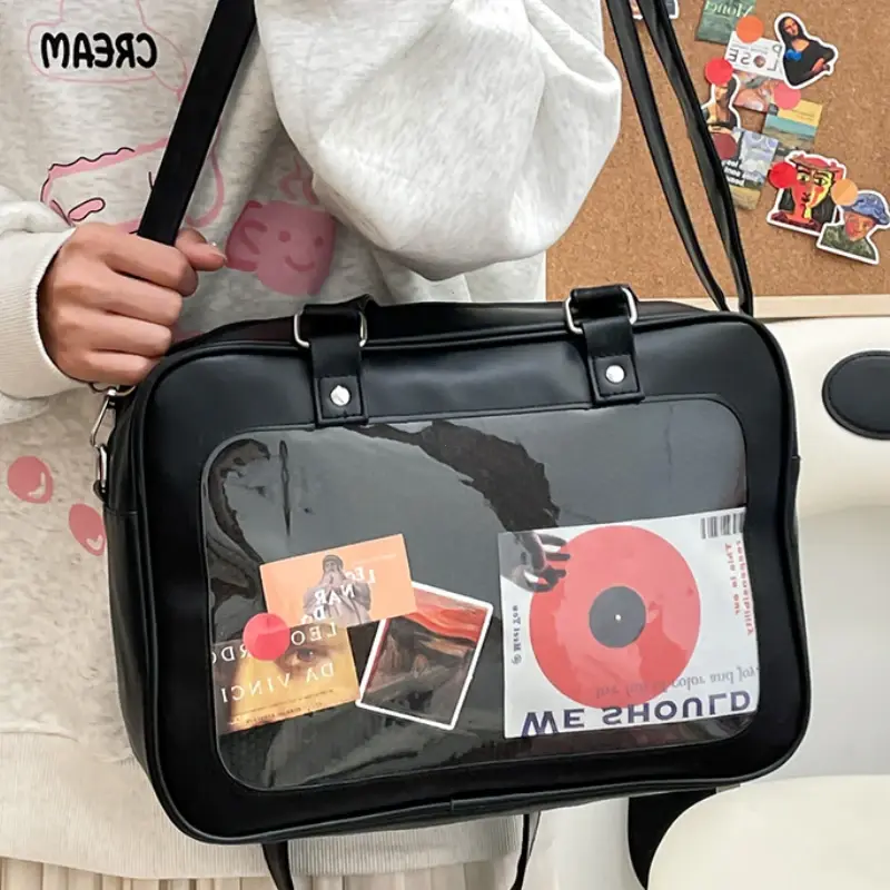 Japanese Harajuku Transparent Pu Itabag Fashion Girls Shoulder Bag Student Personality Crossbody Bag with Badge Cute Lolita Bags