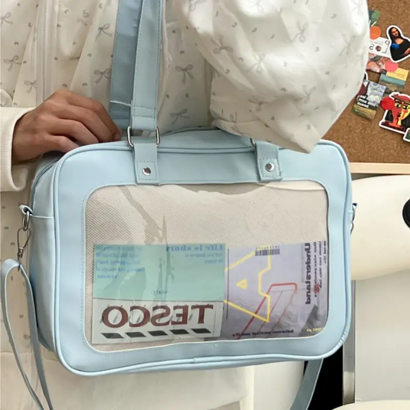 Japanese Harajuku Transparent Pu Itabag Fashion Girls Shoulder Bag Student Personality Crossbody Bag with Badge Cute Lolita Bags