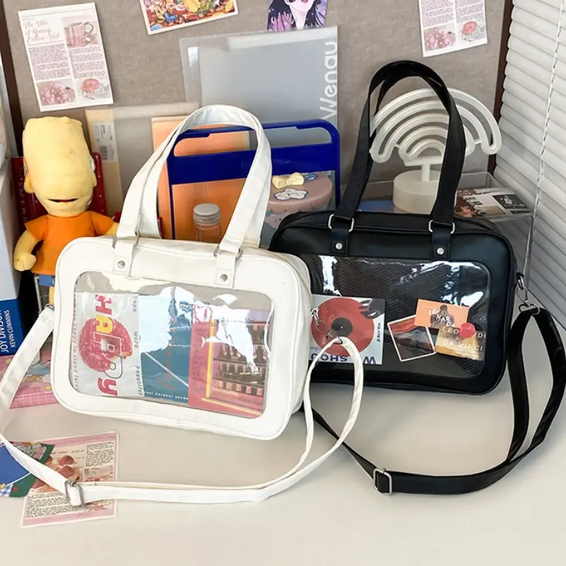 Japanese Harajuku Transparent Pu Itabag Fashion Girls Shoulder Bag Student Personality Crossbody Bag with Badge Cute Lolita Bags