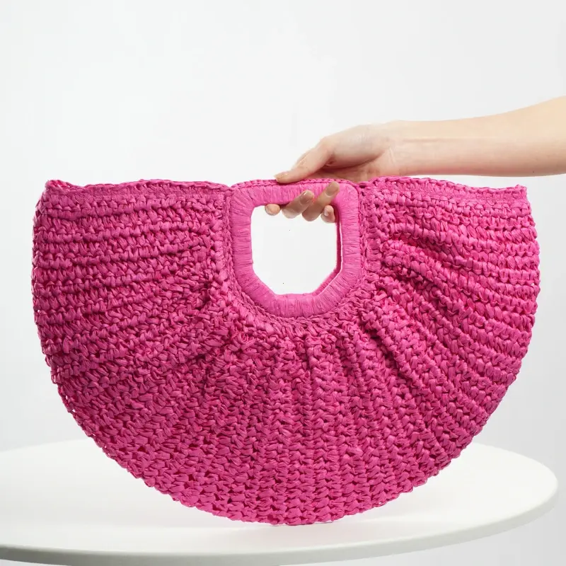 Casual Rattan Wicker Tote Bag Large Capacity Woven Designer Beach Bag Women's Straw Summer Half-moon Beach Handbag Shopper Tote