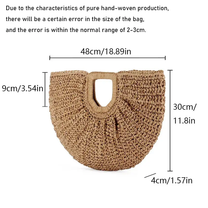Casual Rattan Wicker Tote Bag Large Capacity Woven Designer Beach Bag Women's Straw Summer Half-moon Beach Handbag Shopper Tote