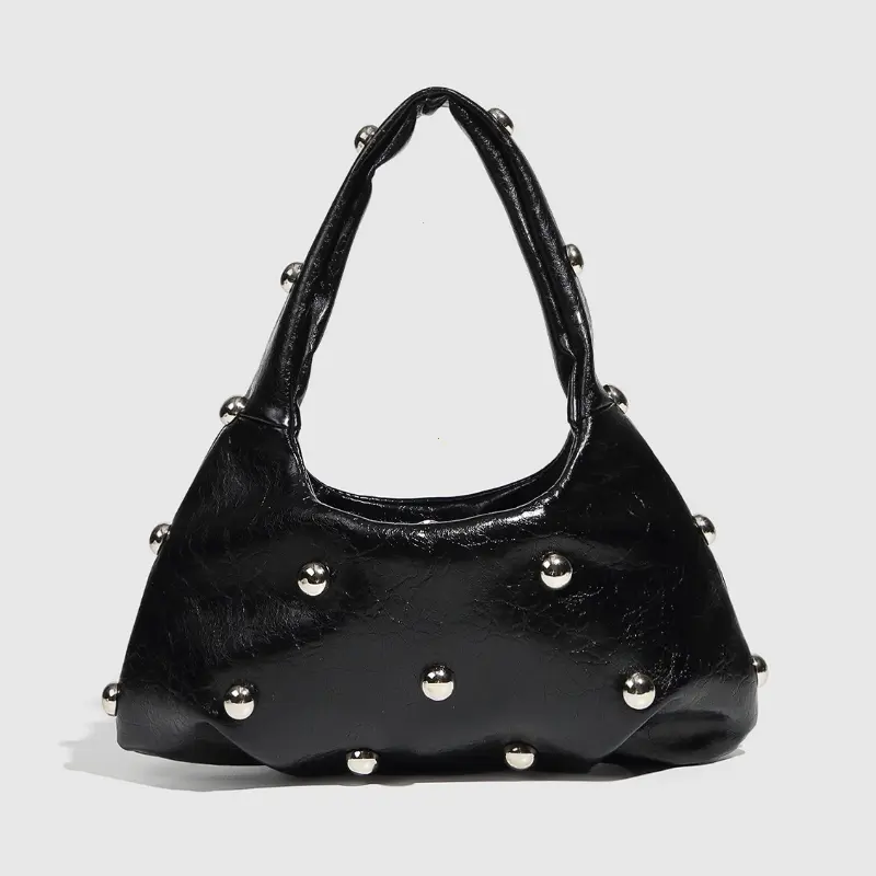 NEW Rivet Women's Handbags Soft PU Leather Shoulder Bag Casual Designer Hobos Half Moon Underarm Bags for Women 2025 Tote Clutch