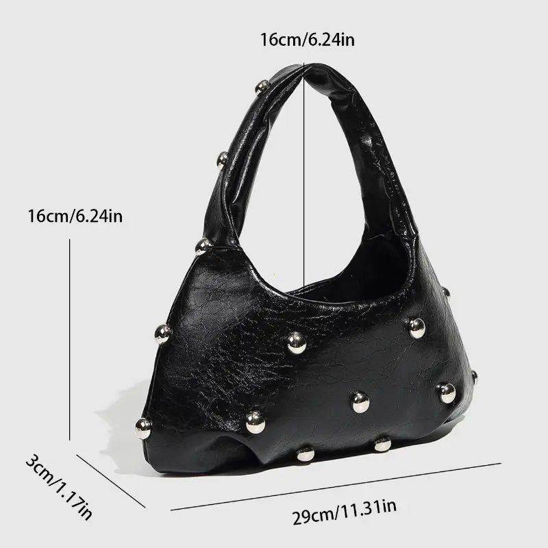 NEW Rivet Women's Handbags Soft PU Leather Shoulder Bag Casual Designer Hobos Half Moon Underarm Bags for Women 2025 Tote Clutch