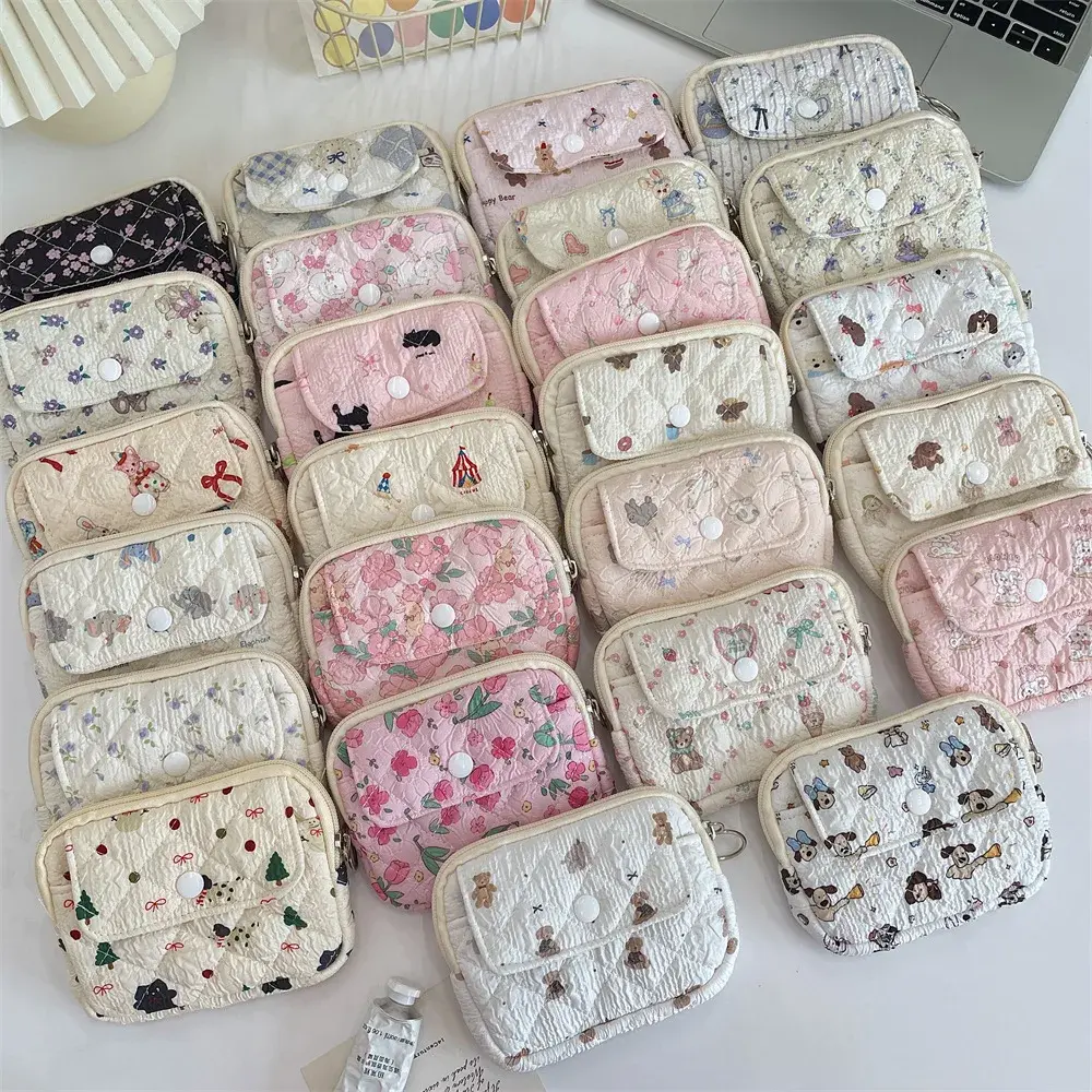 Cute Cartoon Quilted Cotton Makeup Bag Portable Lipstick Storage Organizer Bag Card Holder Mini Makeup Lipstick Storage Pouch