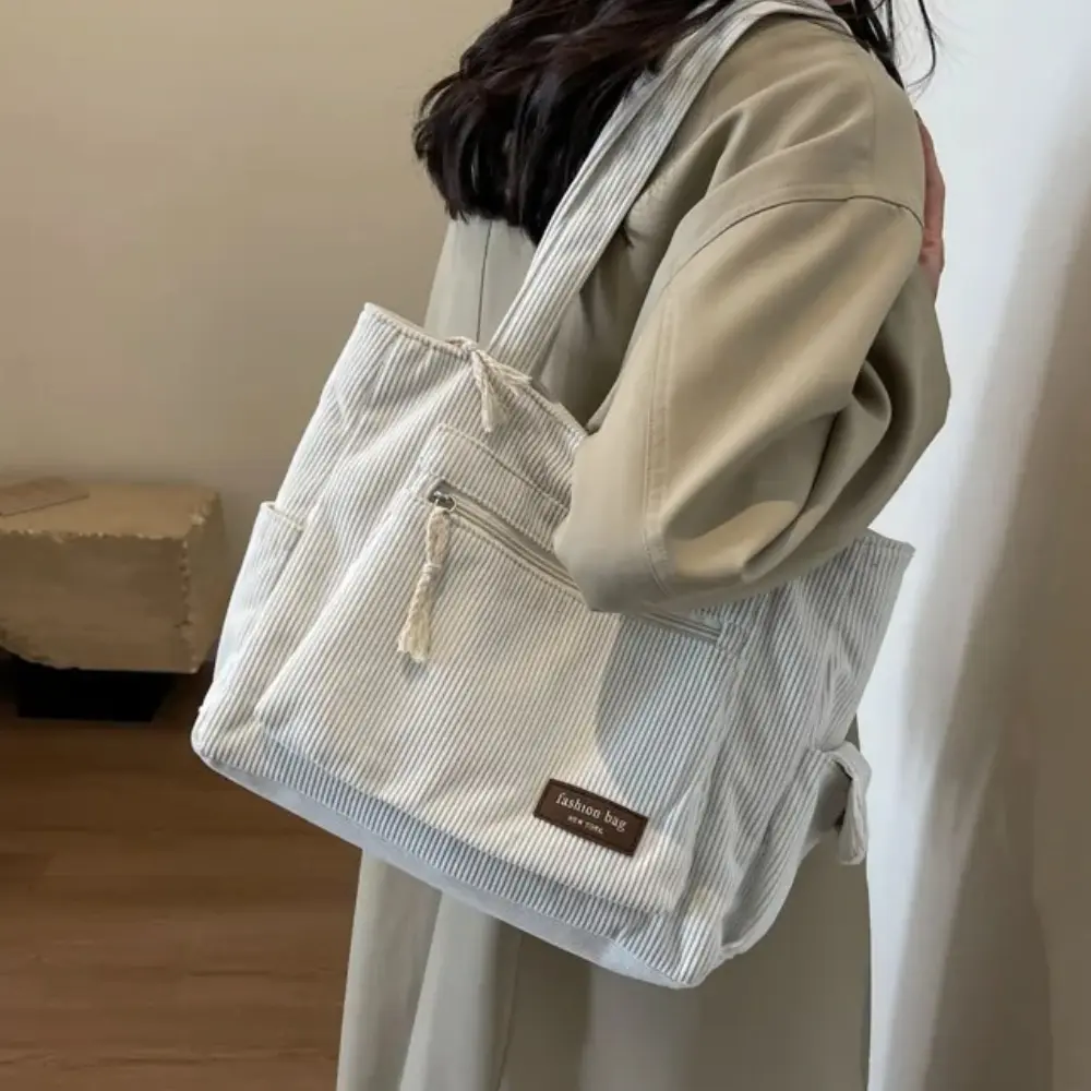 Simple Corduroy Shoulder Bag Fashion Versatile Tote Bags for Women Multi-Pocket Lightweight Handbag for Work Shopping Commuter