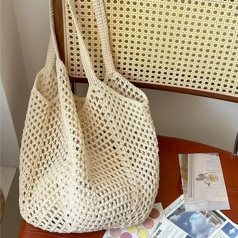 Leisure Large Capacity Cotton Woven Bag Women's Shoulder Bags Casual Straw Wicker Woven Ladies Handmade Beach Tote Messenger Bag