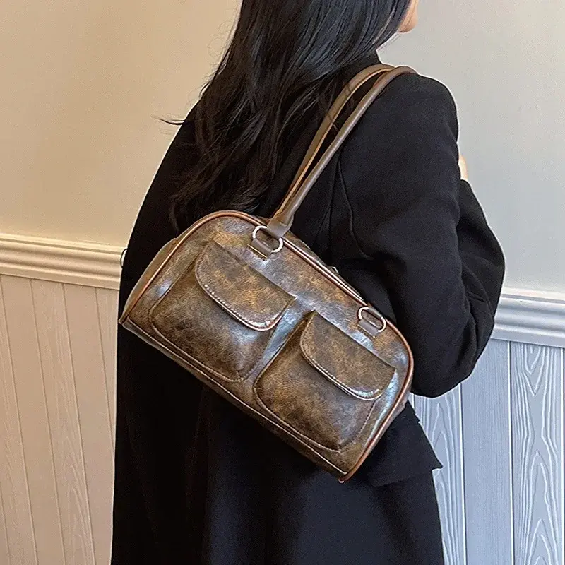 Retro Small Double Pockets Shoulder Bags for Women 2025 New Fashion Trend Designer Underarm Bag Female Handbags and Purses