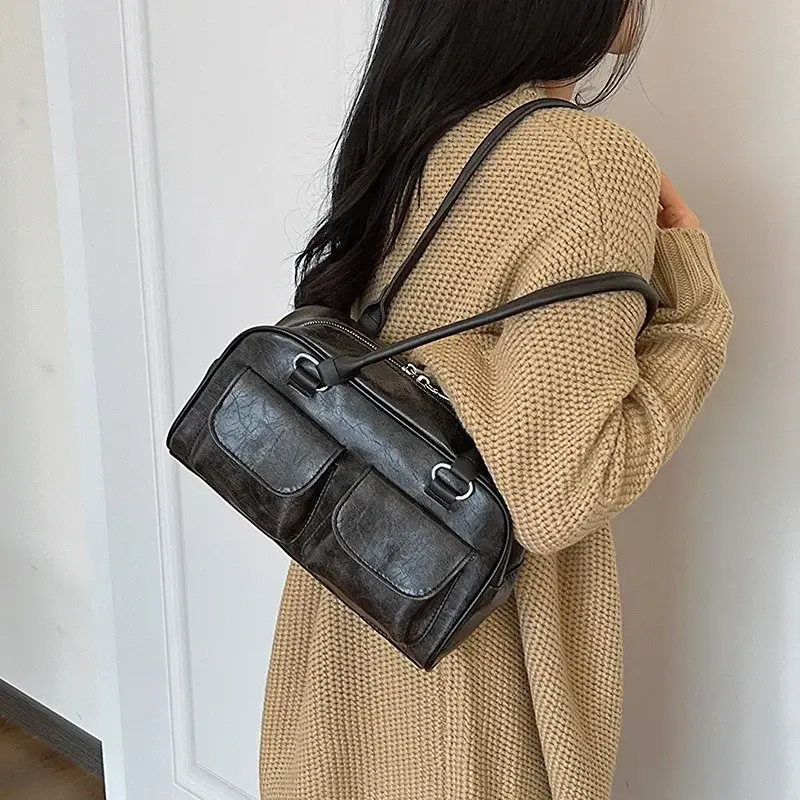 Retro Small Double Pockets Shoulder Bags for Women 2025 New Fashion Trend Designer Underarm Bag Female Handbags and Purses