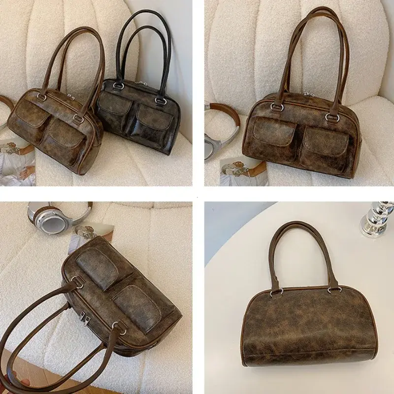 Retro Small Double Pockets Shoulder Bags for Women 2025 New Fashion Trend Designer Underarm Bag Female Handbags and Purses