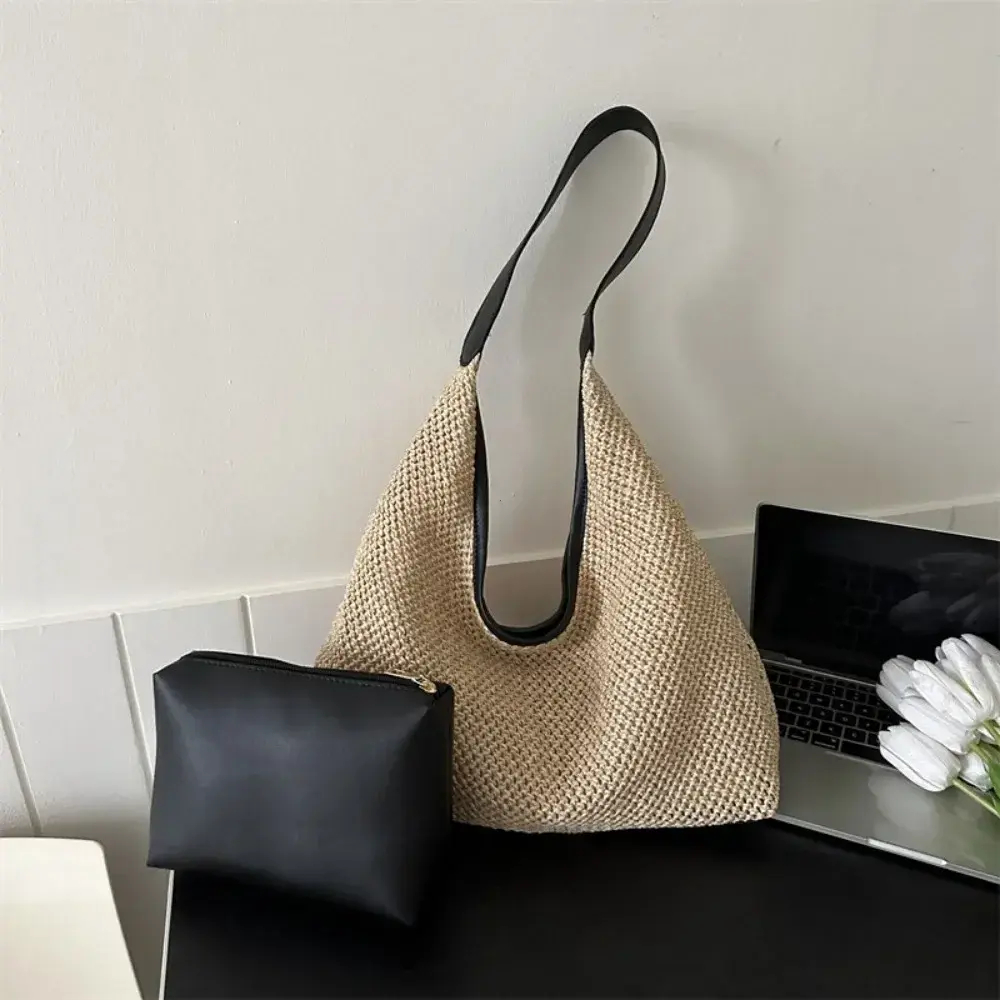 Travel Beach Straw Bag Rattan Woven Handmade Knitted Summer Beach Bag Straw Large Capacity Women Shoulder Bags Handbag Shopper