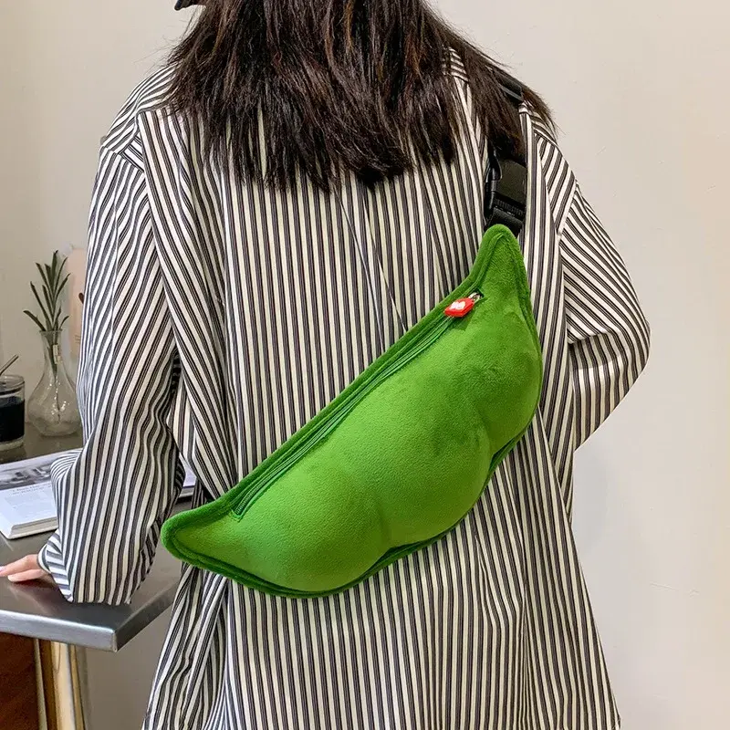 2025 Personality Creative Edamame Shape Ladies Messenger Bag Plush Pea Shoulder Bag Fun and Funny Chest Bag Bolsa De Mensajero