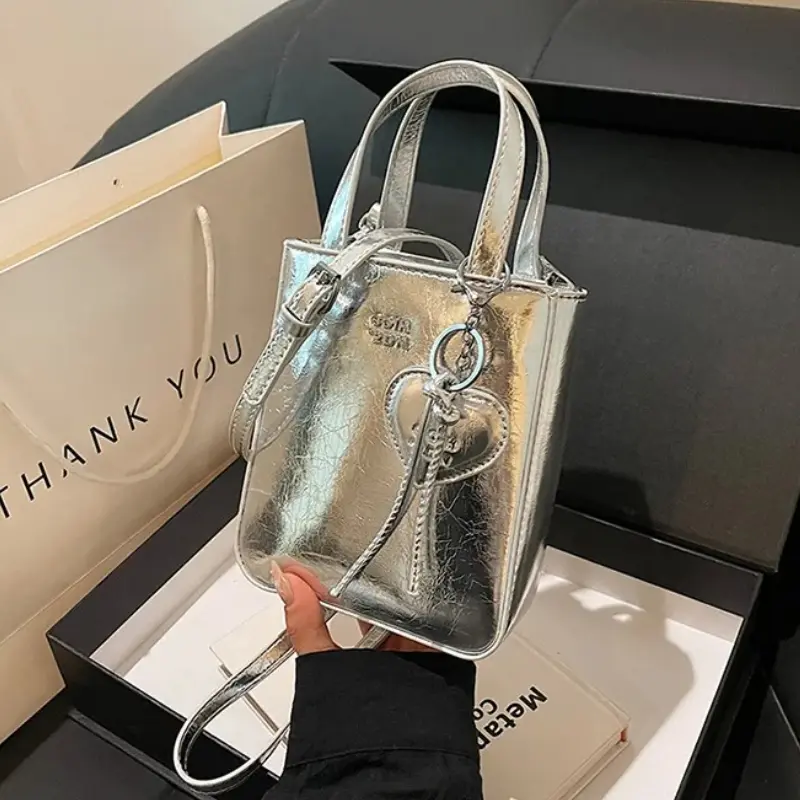 New Trend Korean PU Leather Shoulder Bag Silver Mini Small Square Bag High Quality Purses Women Lady Crossbody Bags Handbag