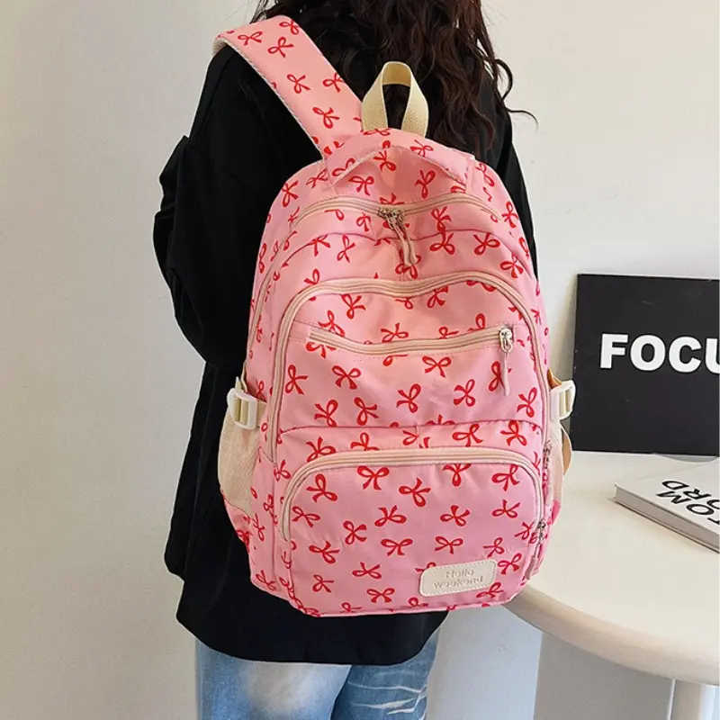 3 Pcs/Set Korean Fashion Bow Print Women Fashion Backpack Lightweight Simple Student School Bag Adjustable Strap Travel Backpack