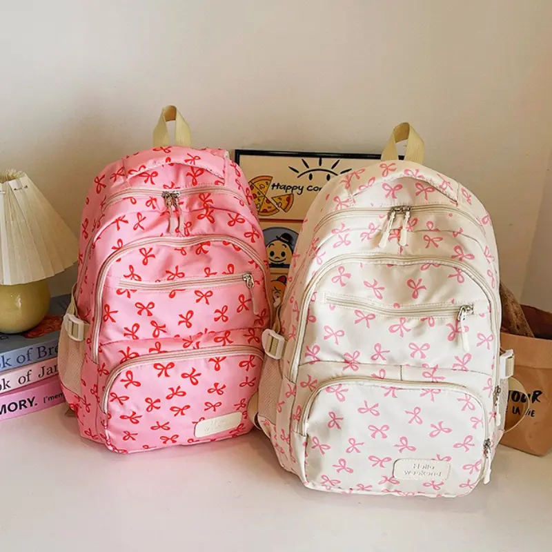 3 Pcs/Set Korean Fashion Bow Print Women Fashion Backpack Lightweight Simple Student School Bag Adjustable Strap Travel Backpack