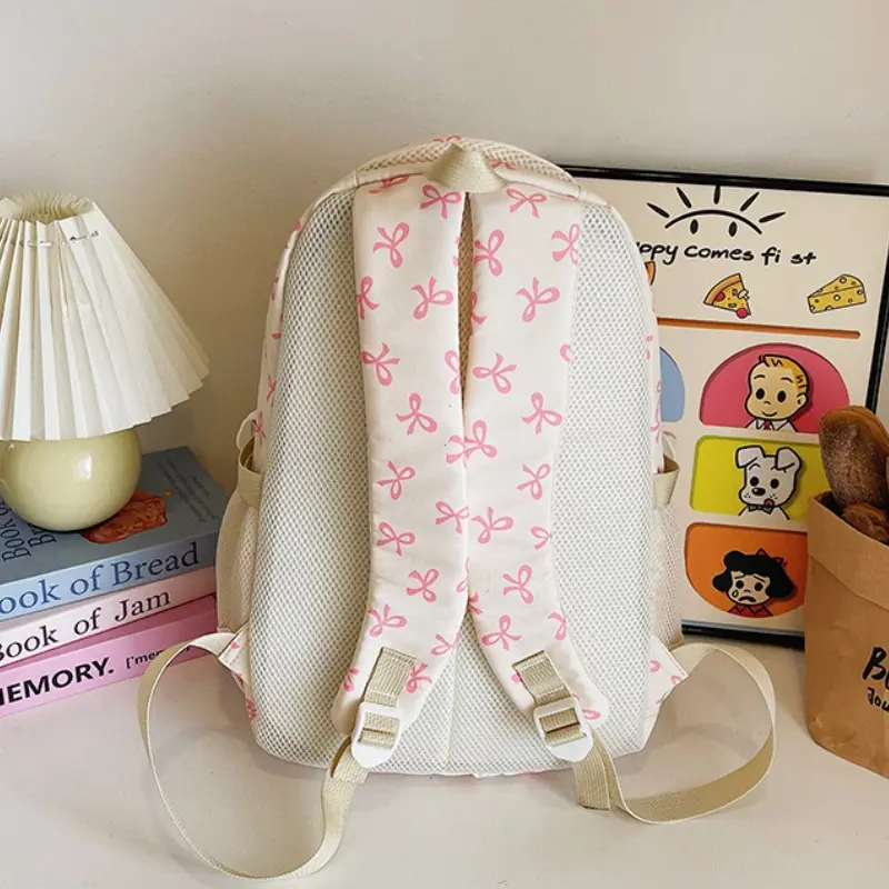 3 Pcs/Set Korean Fashion Bow Print Women Fashion Backpack Lightweight Simple Student School Bag Adjustable Strap Travel Backpack