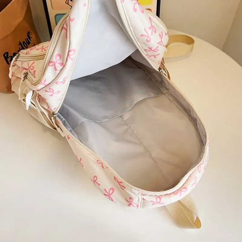 3 Pcs/Set Korean Fashion Bow Print Women Fashion Backpack Lightweight Simple Student School Bag Adjustable Strap Travel Backpack