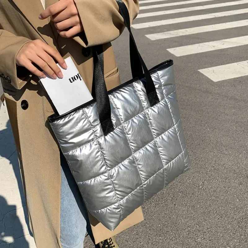 New Fashion Large Tote Padded Handbags Autumn Quilted Women Shoulder Bags Luxury PU Down Cotton Thread Crossbody Bag Winter Bag