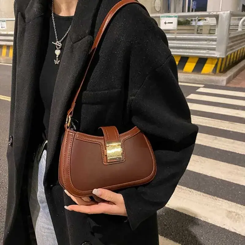 Women Vintage Handbag Brown PU Leather Gold Buckle Trendy Underarm Shoulder Bag Solid Color Handbag Women Luxury Simple Tote Bag