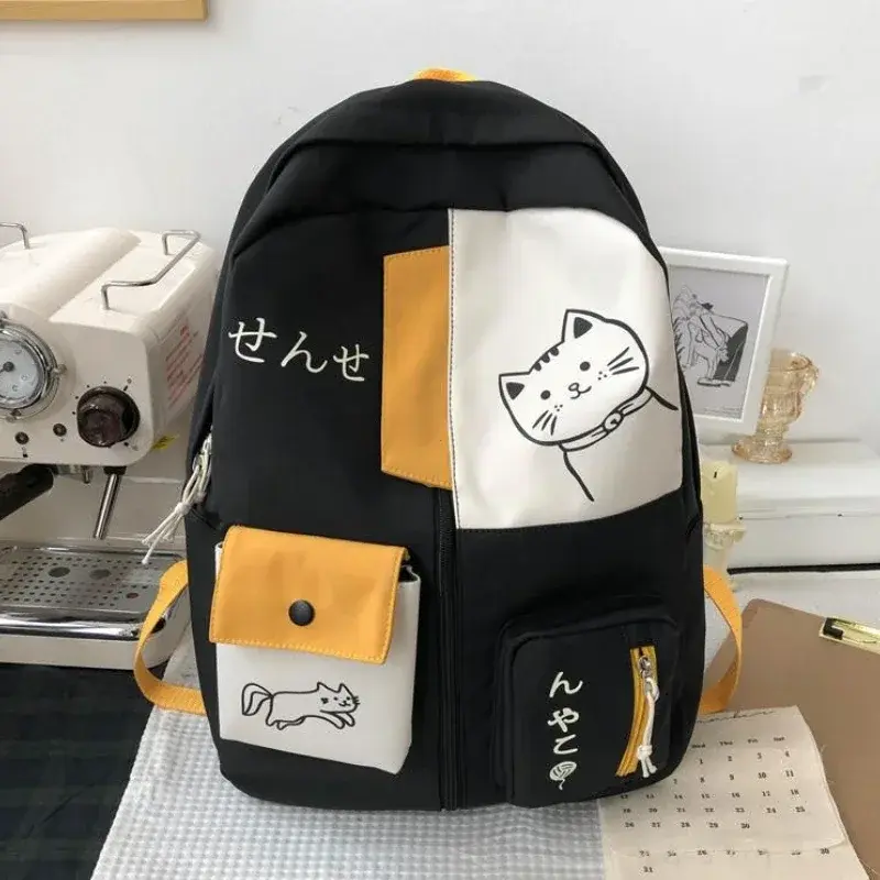 Korean Cute Cartoon Cat Women's Backpack Junior High School Students Schoolbag Large Capacity Nylon Waterproof Travel Backpack