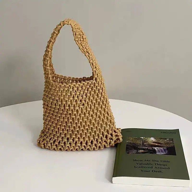 Summer Hand Woven Tote Bags Knitting Crochet Beach Shoulder Bag Hollow Out Handbag Ladies Knitting Straw Rope Underarm Bag