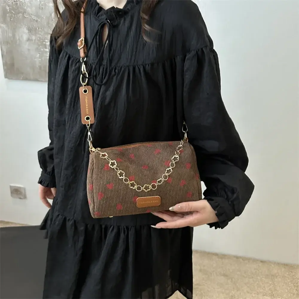 Cute Strawberry Print Mini Underarm Bag Small Fresh Corduroy Women Tote Handbag Casual Versatile Commuter Travel Shoulder Bag