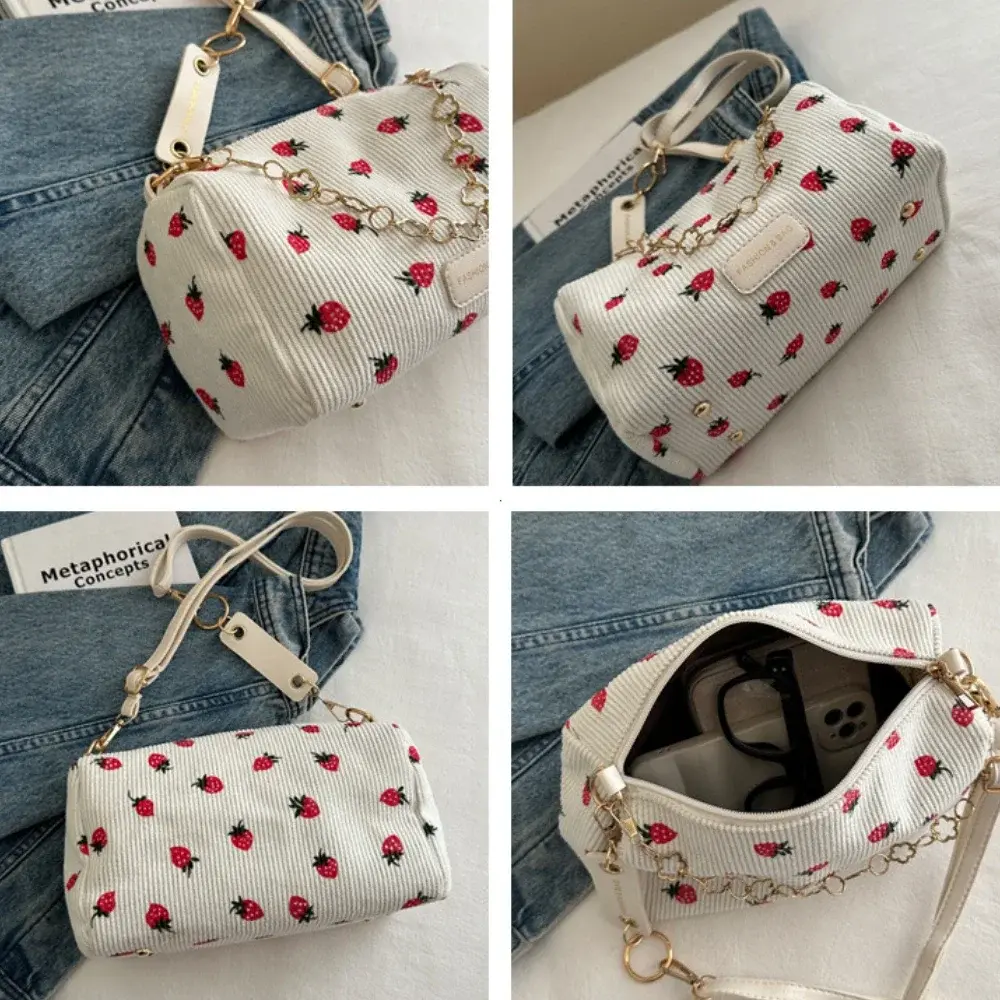 Cute Strawberry Print Mini Underarm Bag Small Fresh Corduroy Women Tote Handbag Casual Versatile Commuter Travel Shoulder Bag