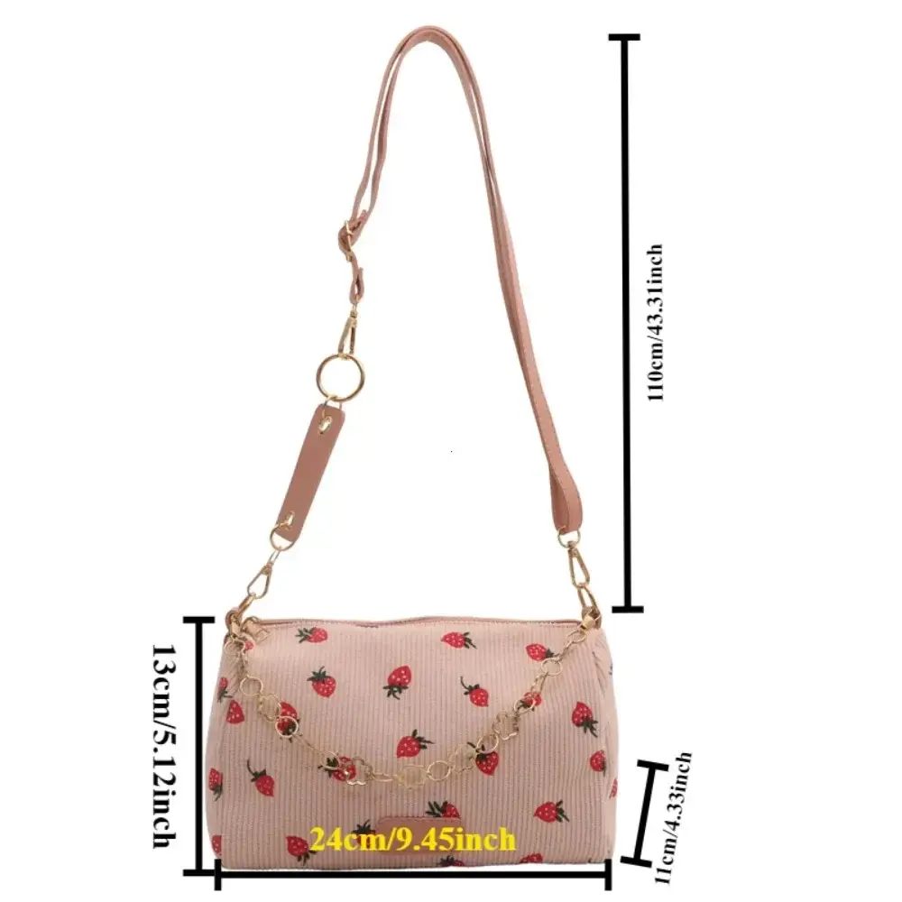 Cute Strawberry Print Mini Underarm Bag Small Fresh Corduroy Women Tote Handbag Casual Versatile Commuter Travel Shoulder Bag