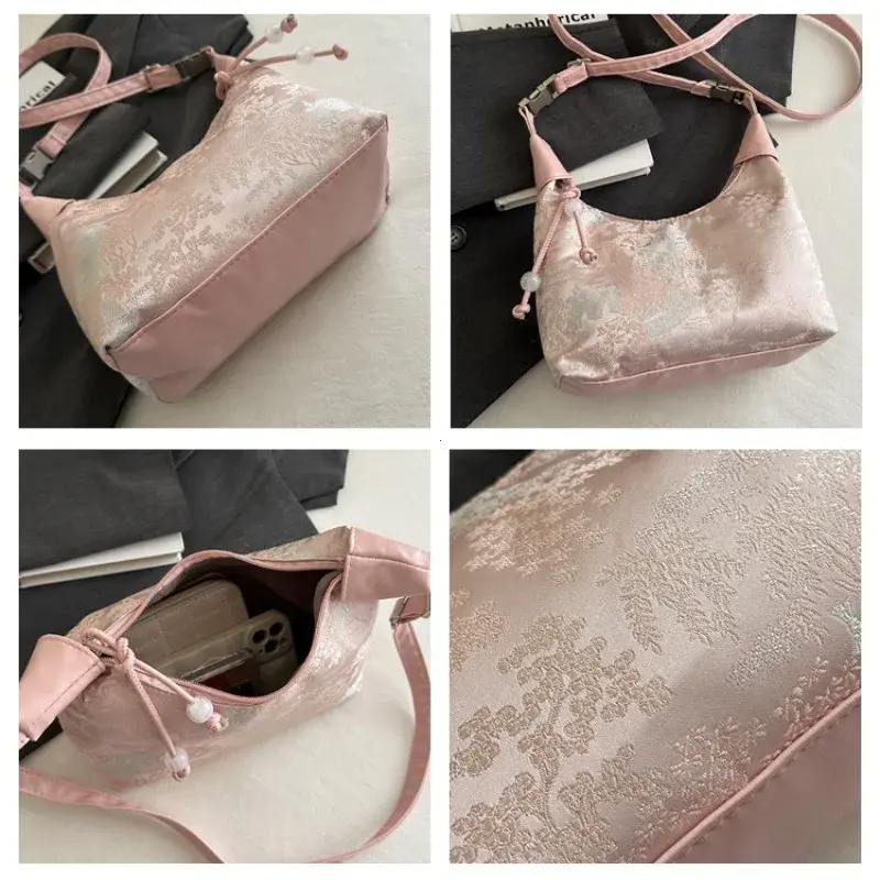Fashion Versatile Chinese Style Bucket Handbag Sweet Embroidery Shoulder Bag 2025 New Nylon Texture Pearl Pendant Crossbody Bag