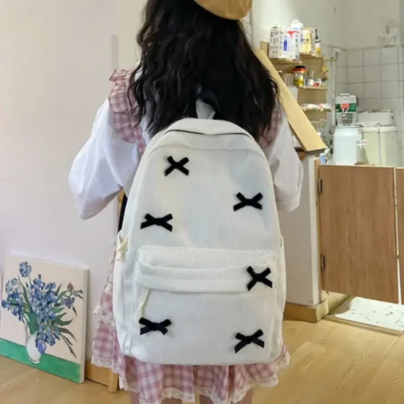 Cute Bowknot Aesthetic Backpacks Lightweight School Bookbags Students Sweet Rucksack for Girls Women's Corduroy College Mochilas